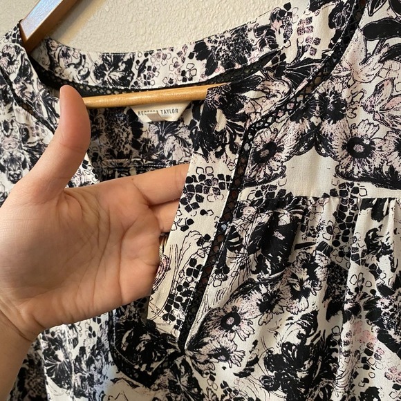 Rebecca Taylor Silk Floral 3/4 Sleeves Blouse Flowy Crochet Women's Sz 6 Office - Picture 4 of 12